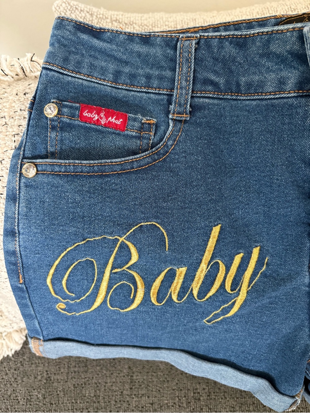 Baby Phat Blue Denim Shorts with Gold Script - Picture 3 of 7